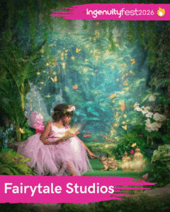 Fairytale Studios - IngenuityFest Vendor - small girl in a fairy outfit with a book and mystical forest surroundings bends down magical bunny rabbit.