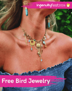 Free Bird Jewelry - IngenuityFest Vendor - Woman modeling a gold metal and turquoise necklace.