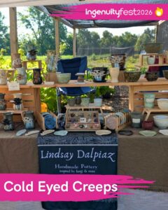 Cold Eyed Creeps - IngenuityFest Vendor 2026 - Artist display of carved mushroom ceramics and linocut prints.