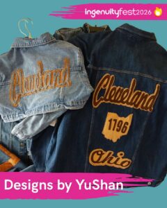 Designs by YuShan - IngenuityFest Vendor 2026 - Upcycled jean jackets with Cleveland patches.