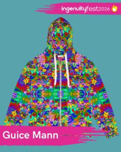 Guice Mann - IngenuityFest Vendor 2026 - Multi-colored and patterned screen printed hoodie jacket.