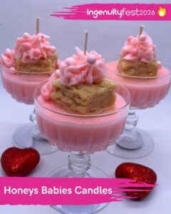 Honeys Babies Candles - IngenuityFest Vendor 2026 - Pink and light brown handmade candles in a dessert cup.