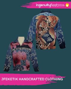 JFEKETIK Handcrafted Clothing - IngenuityFest Vendor 2026 - Upcycled embroidered shirt with Koi fish and flowers.