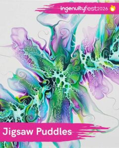 Jigsaw Puddles - IngenuityFest Vendor 2026 - Abstract fluid green, blue and purple fluid painting.