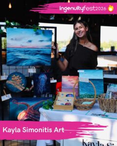 Kayla Simonitis Art - IngenuityFest Vendor 2026 - Artists at table with original paintings, prints, and stickers.