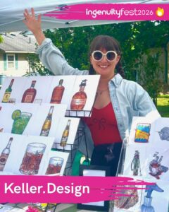 Keller.Design - IngenuityFest Vendor 2026 - Artist at table with original illustrations.