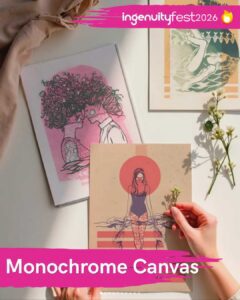 Monochrome Canvas - IngenuityFest Vendor 2026 - 3 original giclée printed artworks of people on a table with two hands and a stem of flowers.