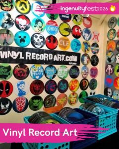 Vinyl Record Art - IngenuityFest 2026 Vendor - Wall covered in colorfully painted upcycled vinyl records.
