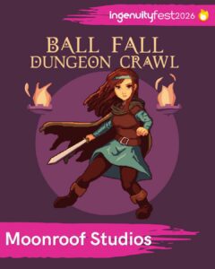 Moonroof Studios - IngenuityFest 2026 Vendor. Pixel art print of anime woman with a sword and mid-eval clothing. Ball Fall Dungeon Crawl.