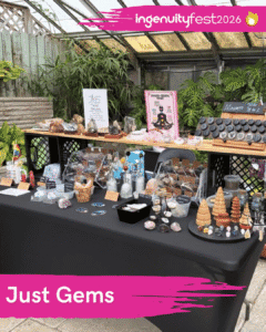 Just Gems - IngenuityFest Vendor - table with merchandise.